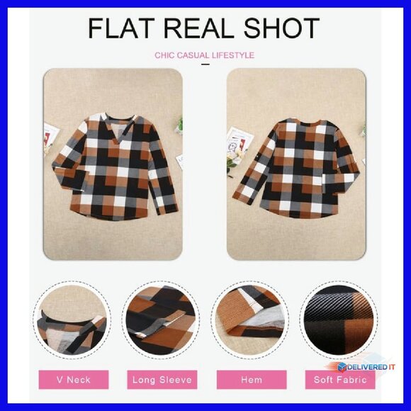 V-Neck Plaid Button-Down Blouse Long Sleeve Casual Work Top - Picture 6 of 8